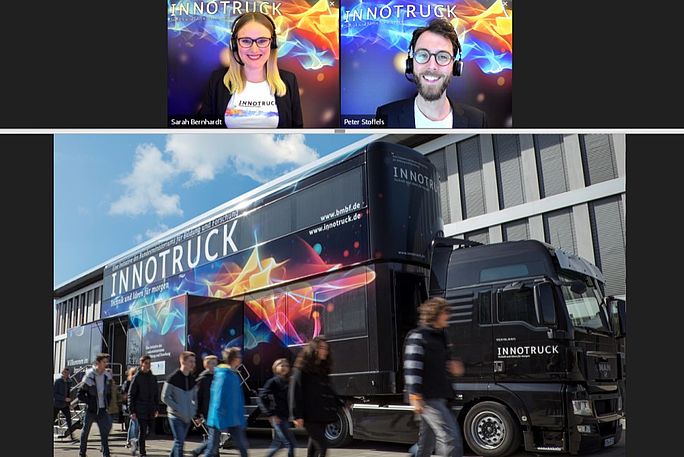 Eine Frau und ein Mann sind per Webcam zu sehen, darunter eine Präsentation, welche den InnoTruck zeigt.