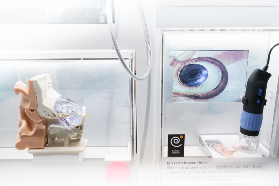 Zwei Exponatskästen in InnoTruck veranschaulichen die Funktionsweise des Cochleaimplantat.