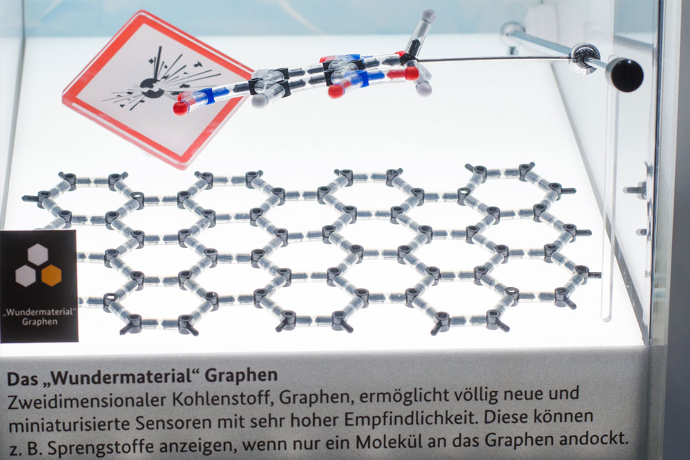 Ein Modell zeigt die wabenförmige Anordnung von Graphen.