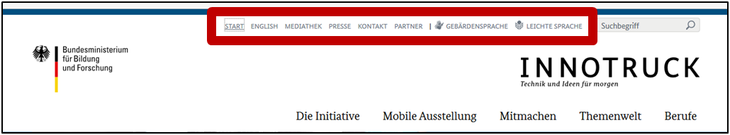 Die Auswahl-Zeile für wichtige Informationen auf der Webseite.
