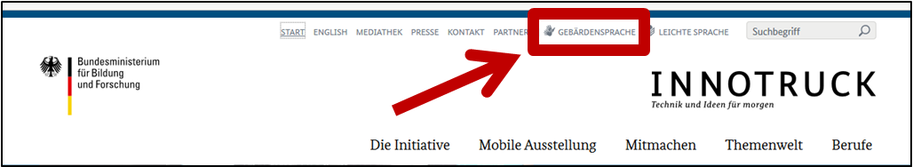 Die Auswahl-Zeile für wichtige Informationen. Bereich 'Gebärden-Sprache'.