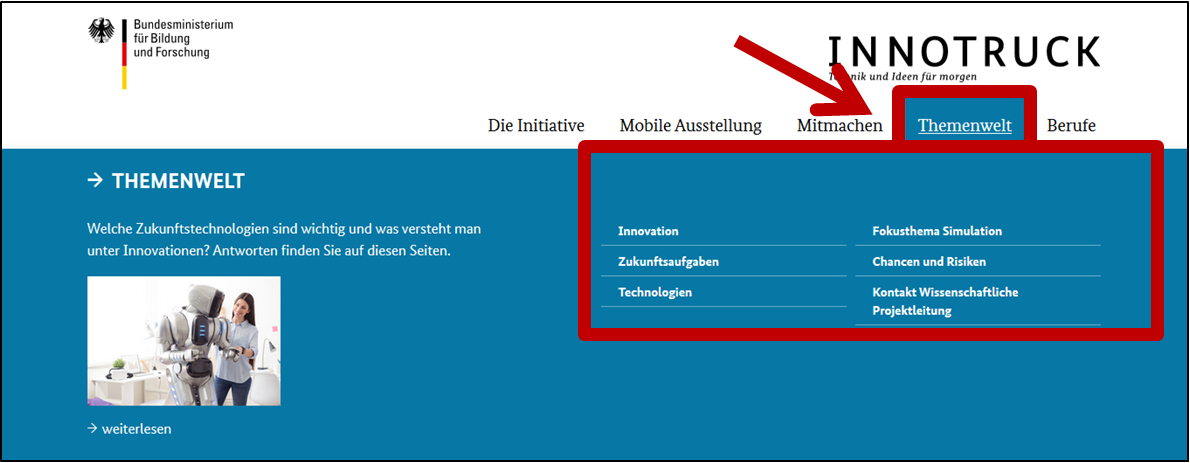 Abbildung Startseite www.innotruck.de. Aufgeklappter Menüpunkt Themenwelt.