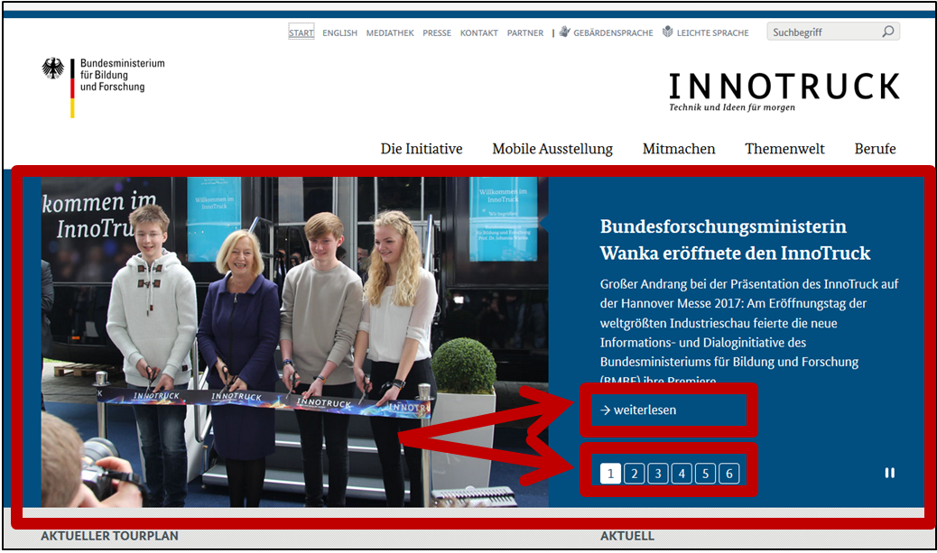 Auf einem Screenshot der InnoTruck-Startseite ist der Headerslider mit einem roten Rahmen und Pfeil markiert.
