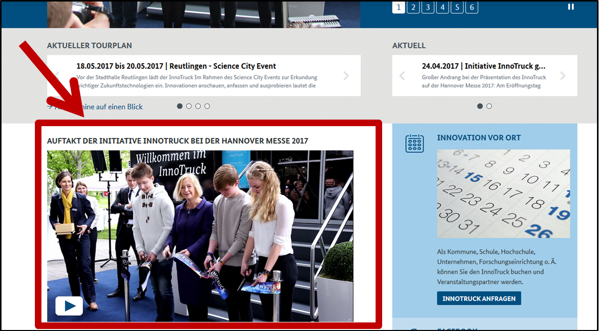 Auf einem Screenshot der InnoTruck-Startseite ist der Themenbereich mit einem roten Rahmen und Pfeil markiert.
