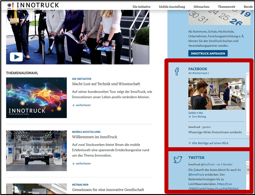 Auf einem Screenshot der InnoTruck-Startseite ist die rechte Spalte mit Infoboxen mit einem roten Rahmen und Pfeil markiert.