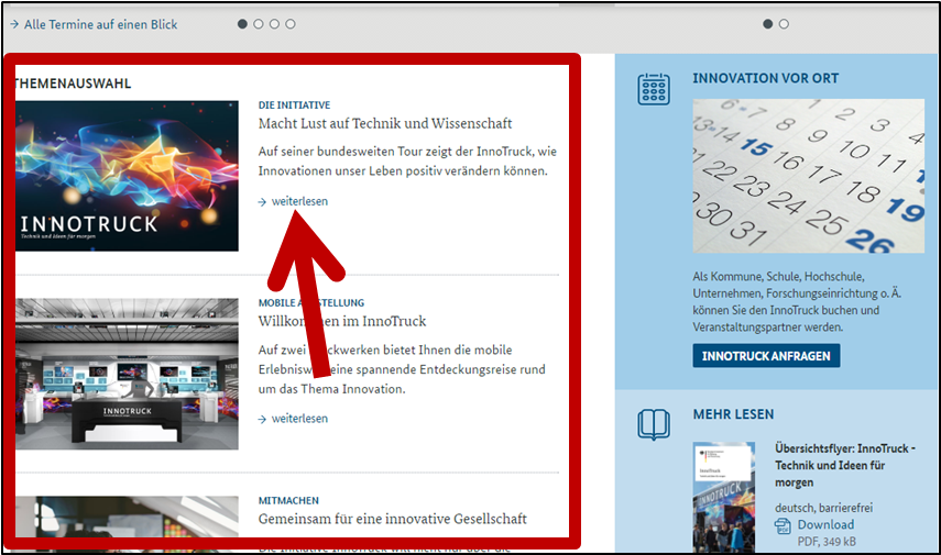 Auf einem Screenshot der InnoTruck-Startseite ist der Themenbereich mit einem roten Rahmen und Pfeil markiert.