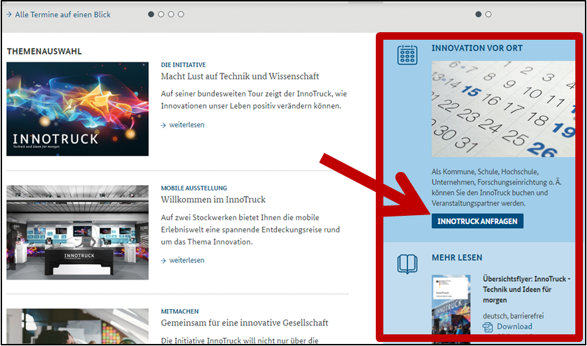Auf einem Screenshot der InnoTruck-Startseite ist die rechte Spalte mit Infoboxen mit einem roten Rahmen und Pfeil markiert.