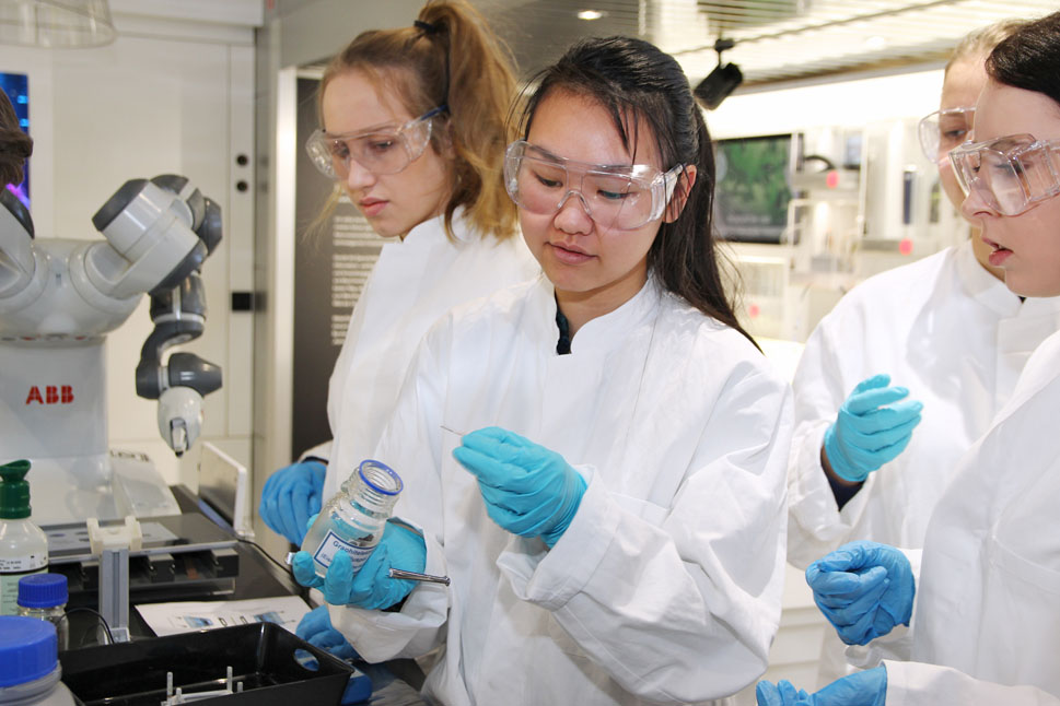 Eine Schülerin entnimmt eine Graphitelektrode aus einem Chemikalienbehälter und wird dabei von Mitschülerinnen und Mitschülern umringt.